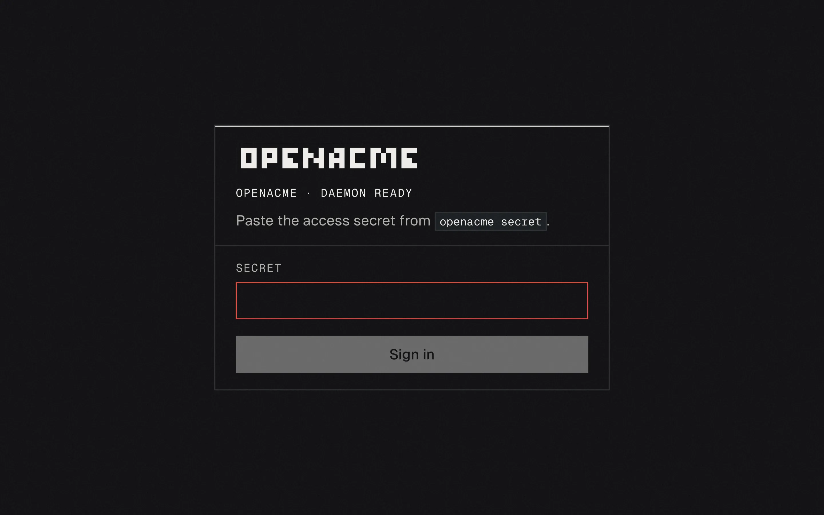 The OpenAcme sign-in screen prompting for email and password
