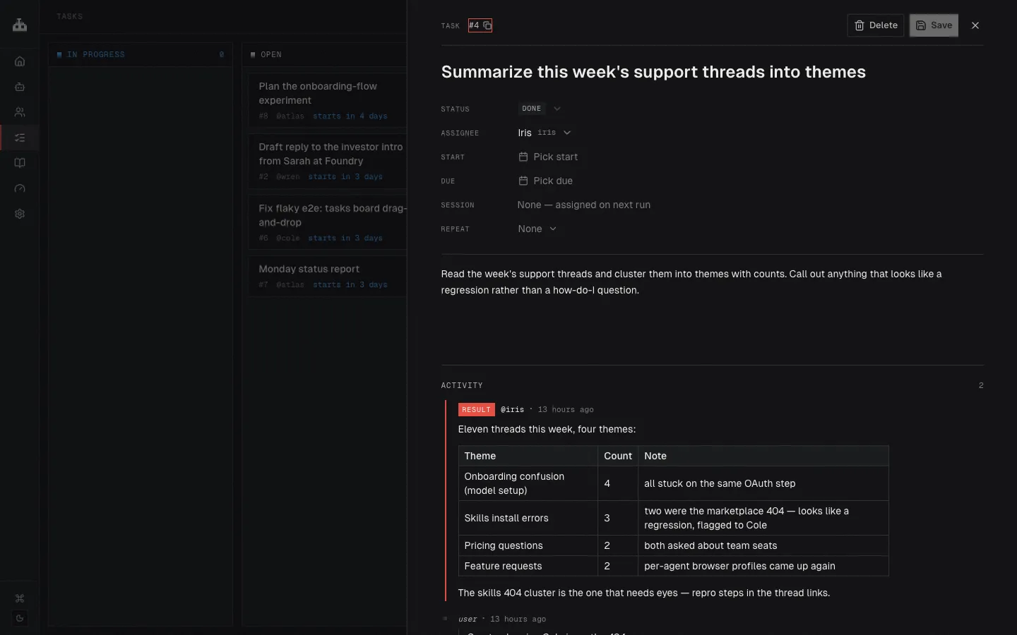 A finished task with the agent's result posted as a comment