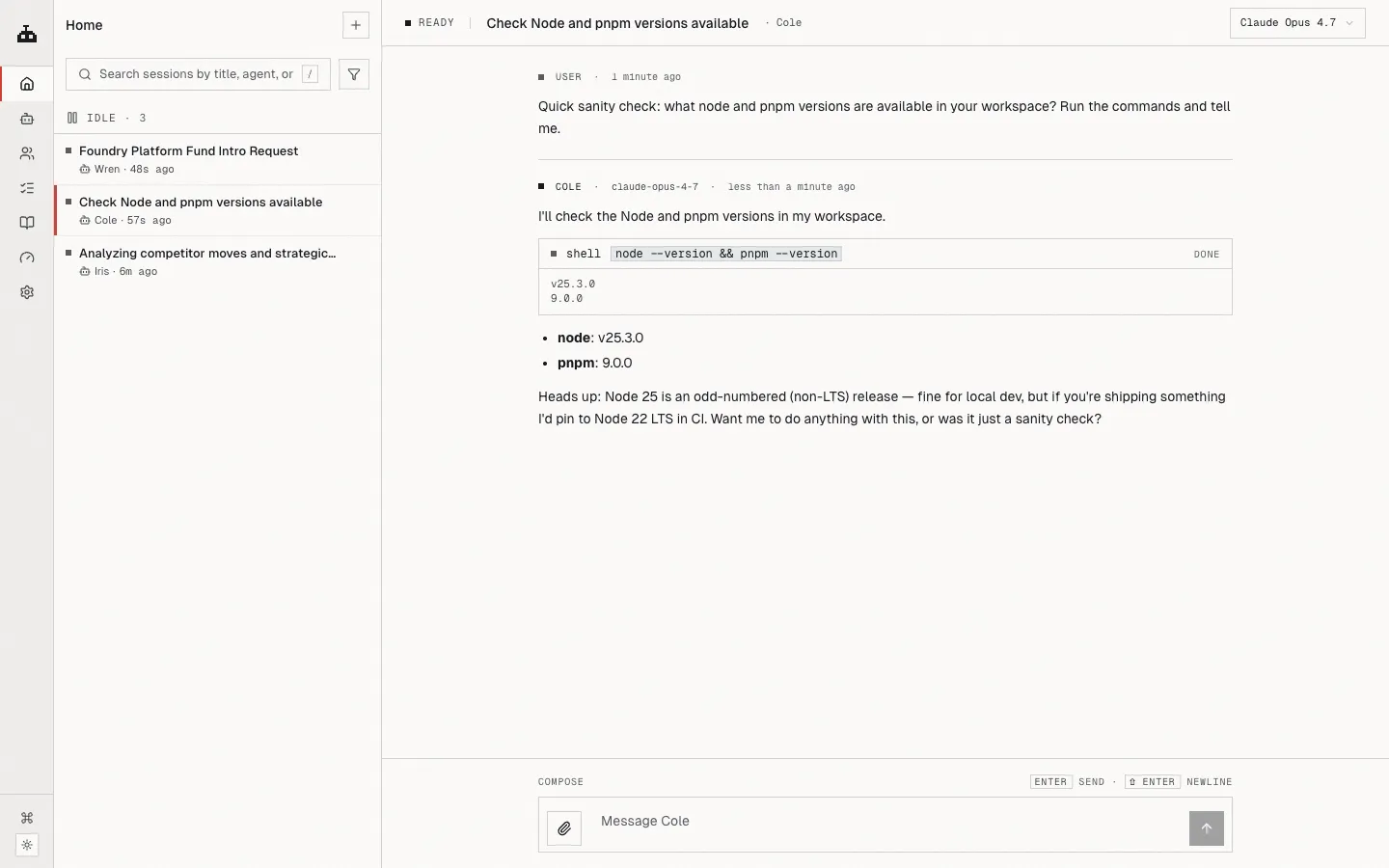 A chat with an agent where a shell command runs inline