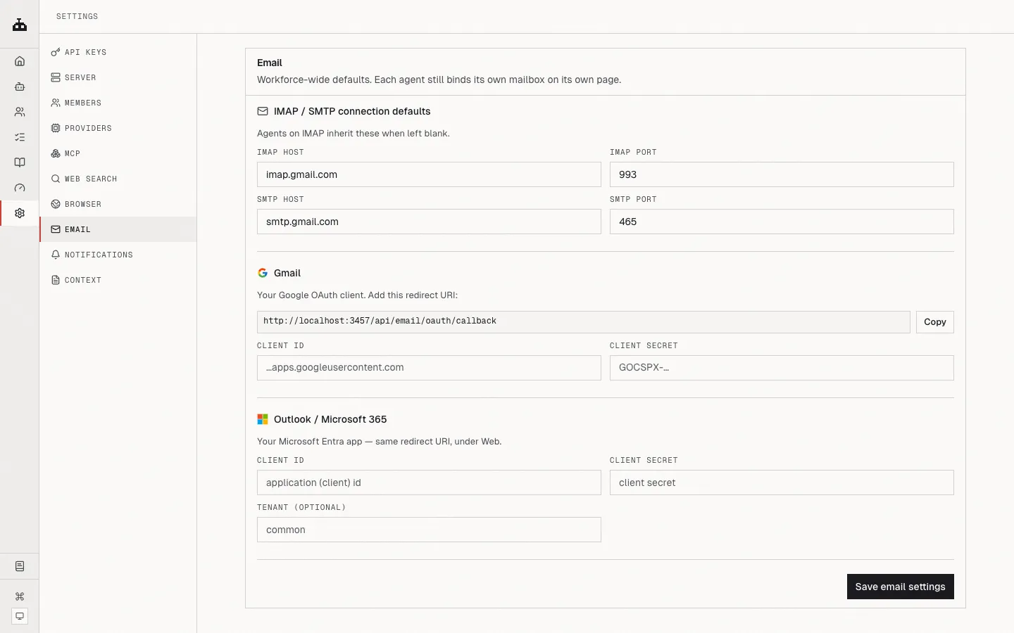 The Settings → Email tab, showing IMAP connection defaults and the Google and Microsoft OAuth app sections