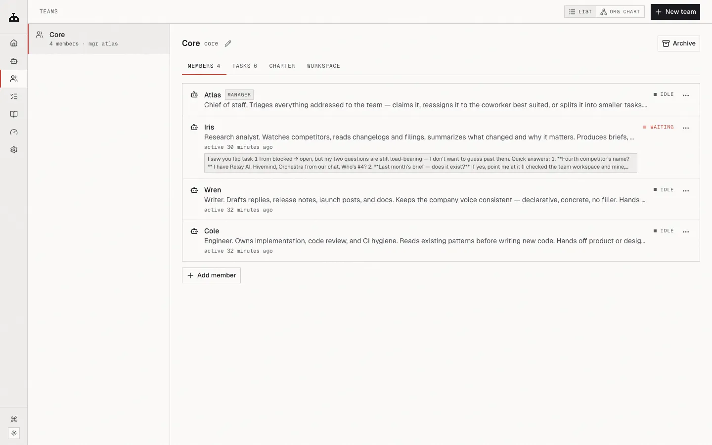 A team page listing members with the manager marked